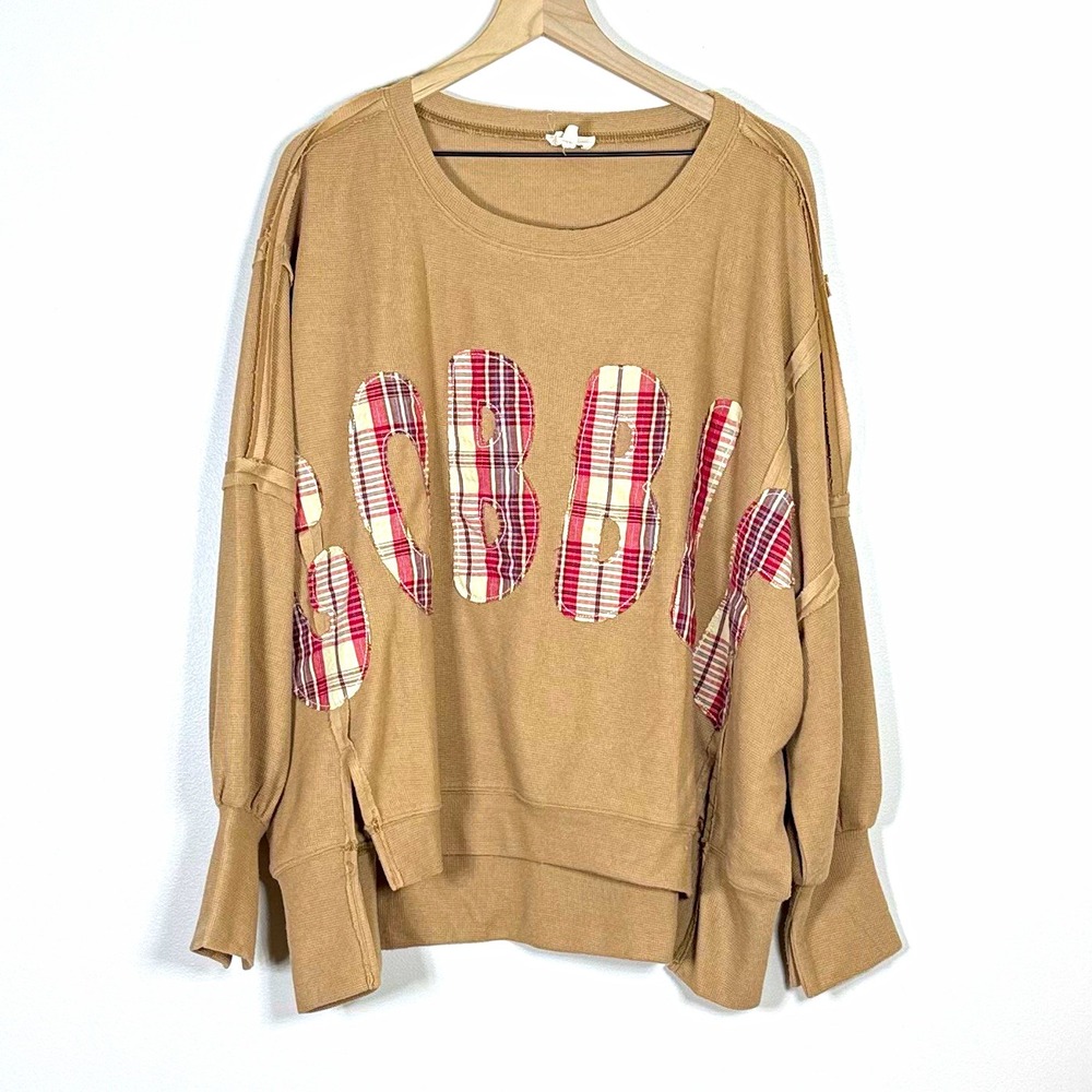 BiBi Womens Gobble Thanksgiving Top Size S Tan Plaid Patchwork Oversized Holiday